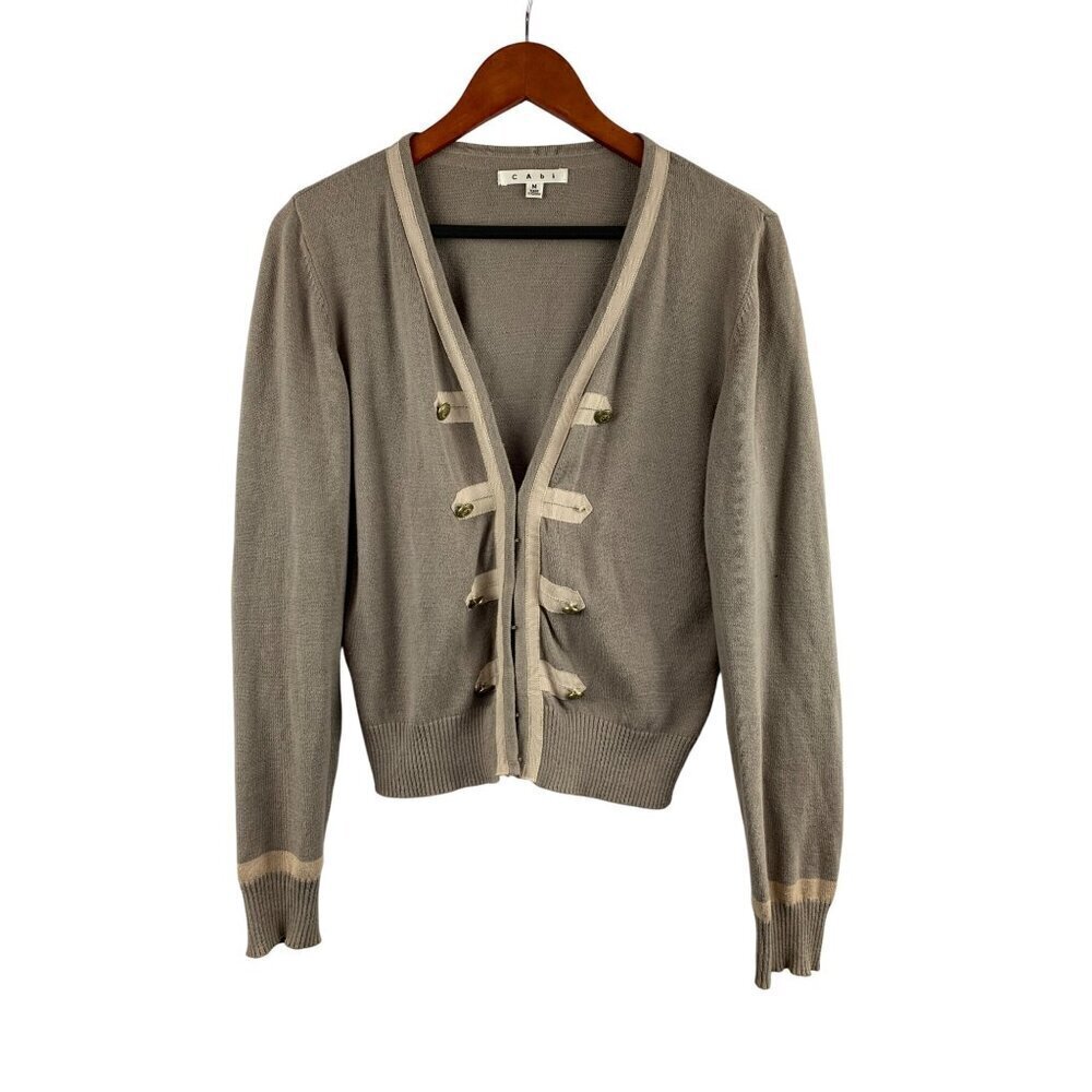 CAbi Womens Cardigan Sweater Size M Military Style Button Front 100% Cotton Beig